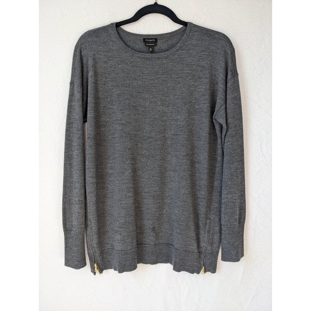 TALBOTS Pure Merino Wool Long Sleeve Tunic Sweater Zip Side Vents Gray Size M